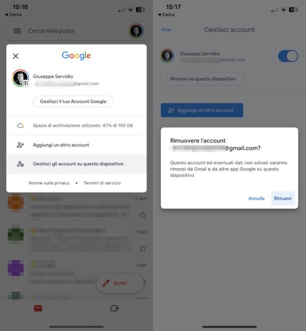 Come togliere account Google da Gmail
