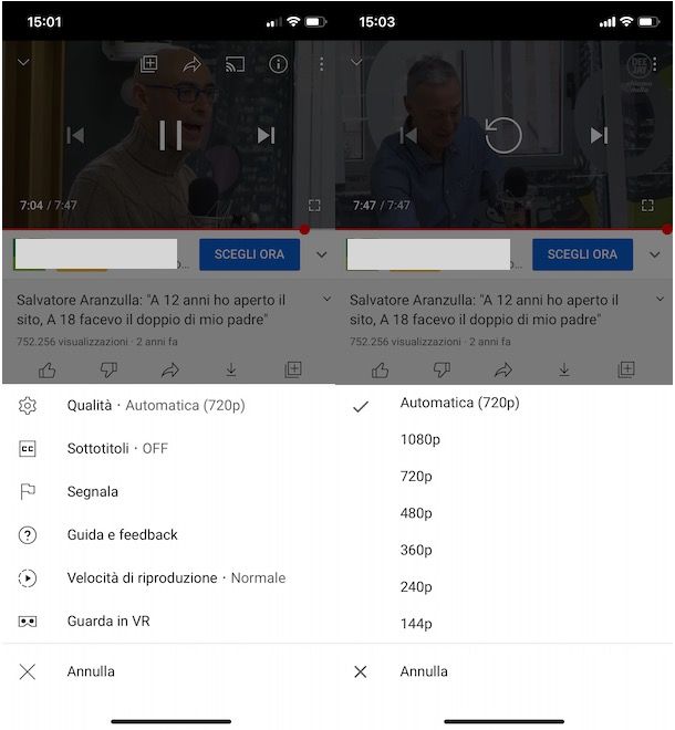 Modificare qualità video YouTube da app