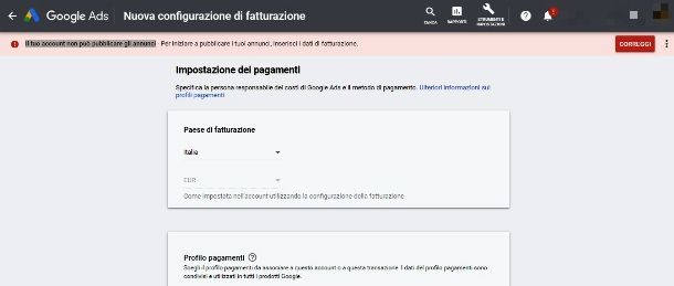 Schermata di fatturazione Google Ads