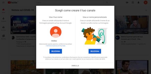 Creare un nuovo canale YouTube