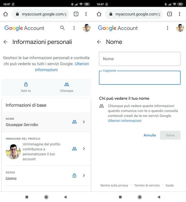 Cambiare nome account Google su Android