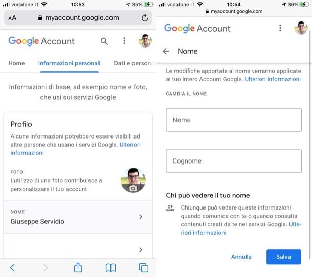 Cambiare nome account Google su iPhone