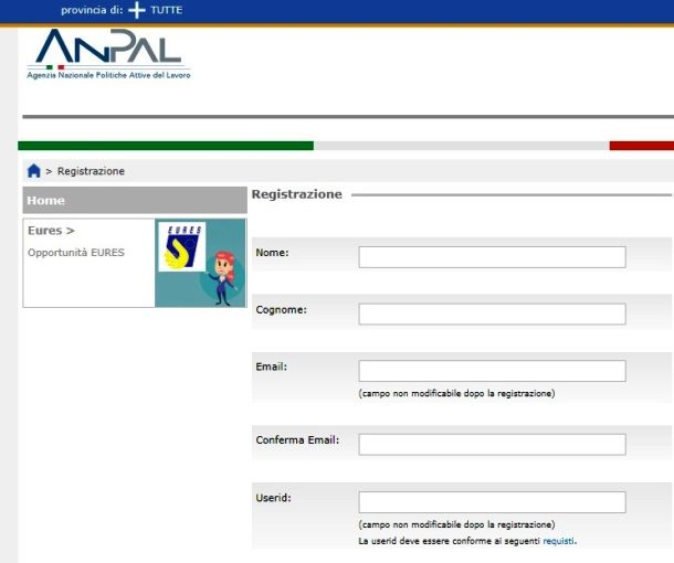 Registrazione sul sito ANPAL