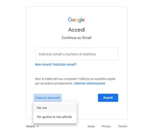 Creare account Google senza numero telefonico