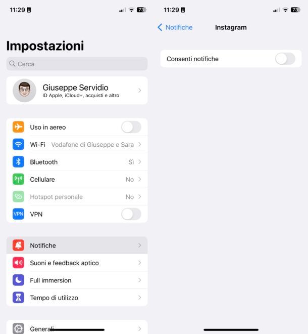 Disattivare notifiche Instagram