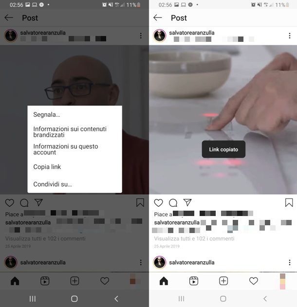 Ottenere link a un video su Instagram