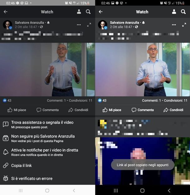 Ottenere link a un video su Facebook