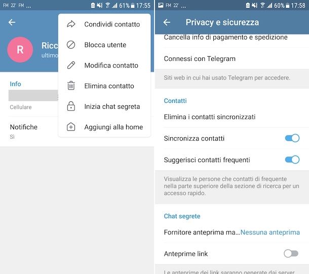 Eliminare contatti Telegram Android