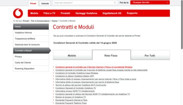 Scaricare contratto dal sito di Vodafone