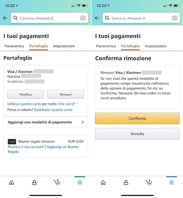 Amazon rimozione carta di credito da app