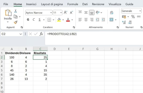 Come fare formula divisione su Excel