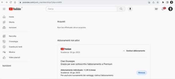 Riattivare YouTube Premium