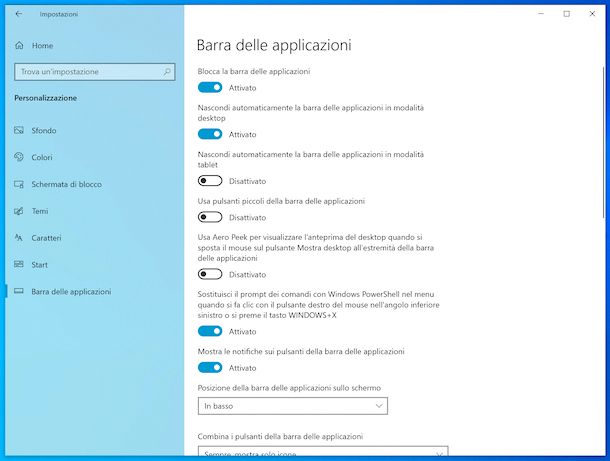 Impostazioni barra applicazioni Windows 10