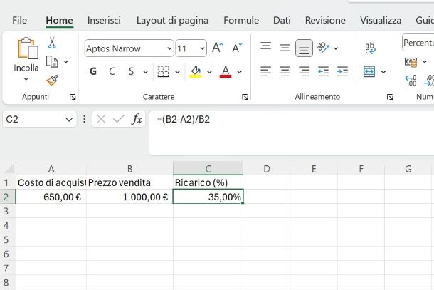 Come calcolare margine percentuale Excel