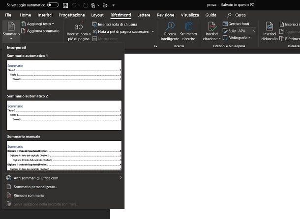 creare sommario in word