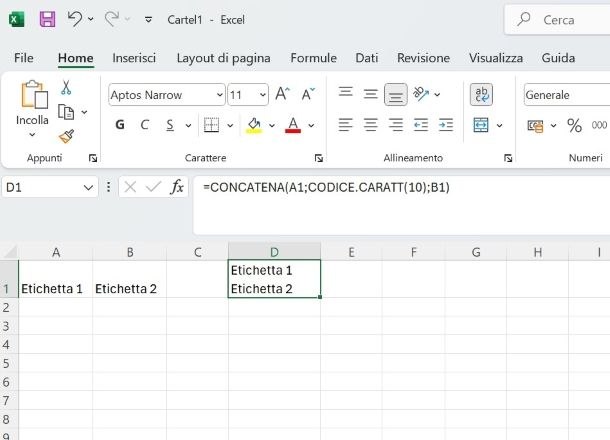 Come andare a capo nella cella su Excel con formula