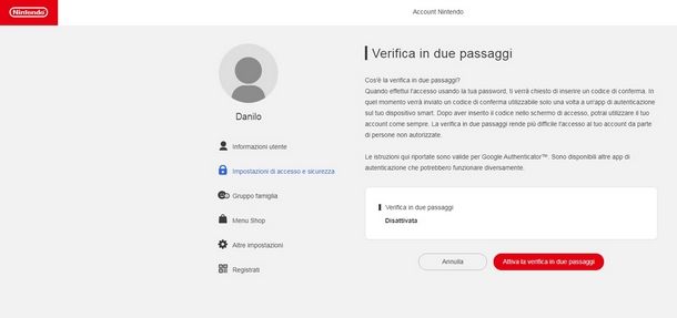 Attivare il sistema 2FA su Nintendo Switch