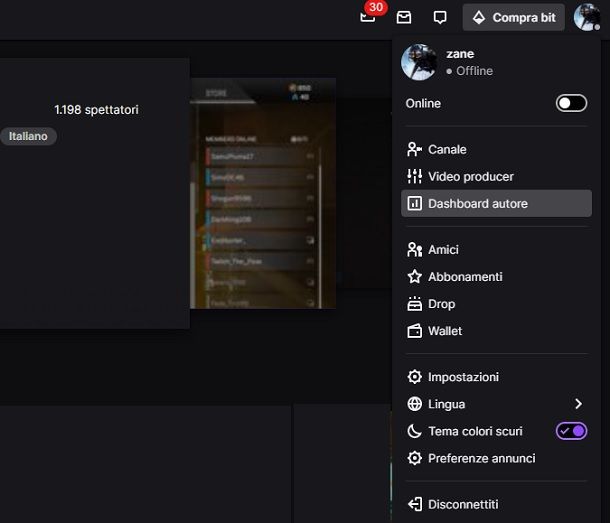 Dashboard autore Twitch