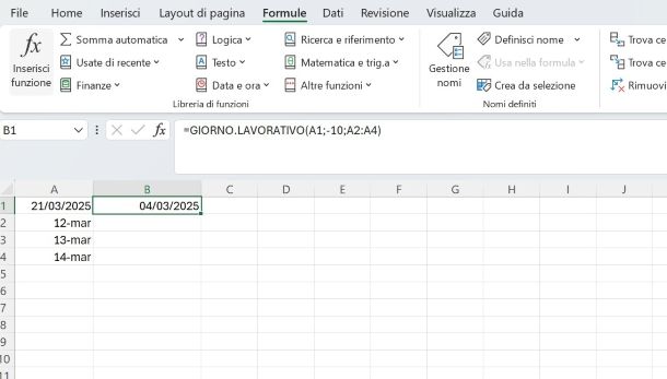 Excel: sottrarre giorni lavorativi