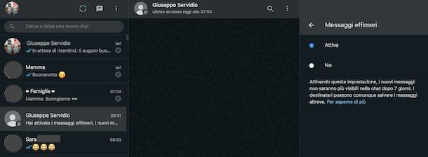 Come attivare messaggi effimeri WhatsApp su PC