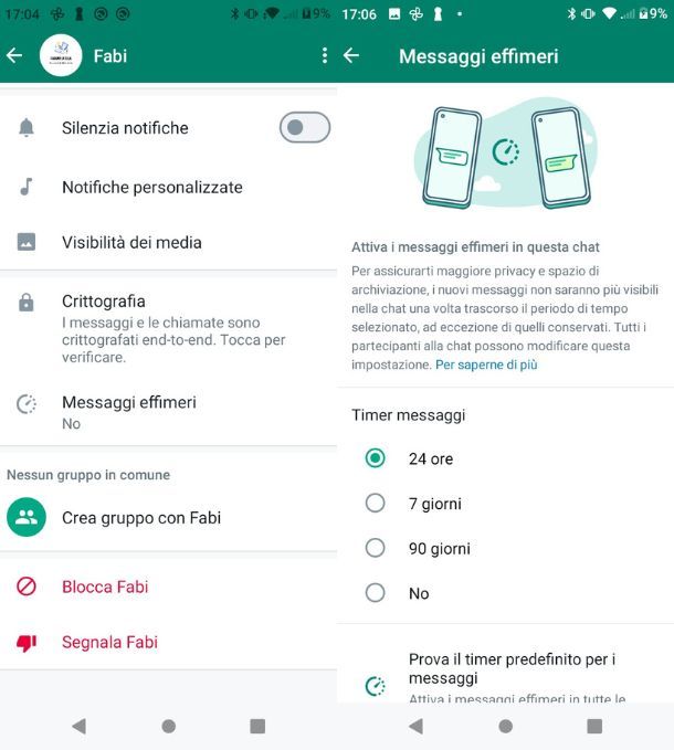 Messaggi effimeri Android