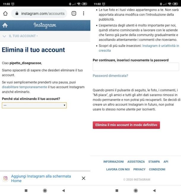 Cancellazione account Instagram