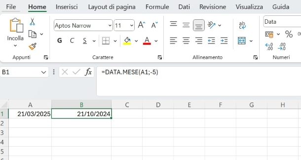 Excel: sottrarre mesi ad una data