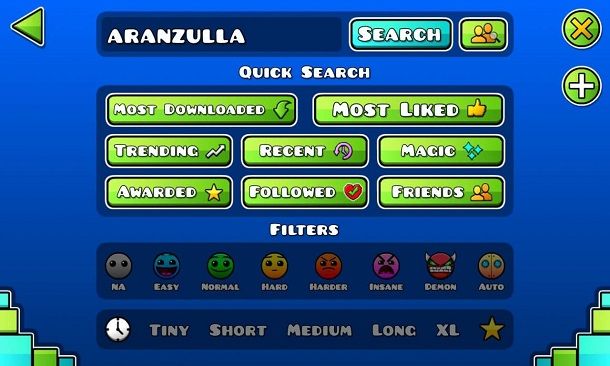 Filtri ricerca livelli Geometry Dash