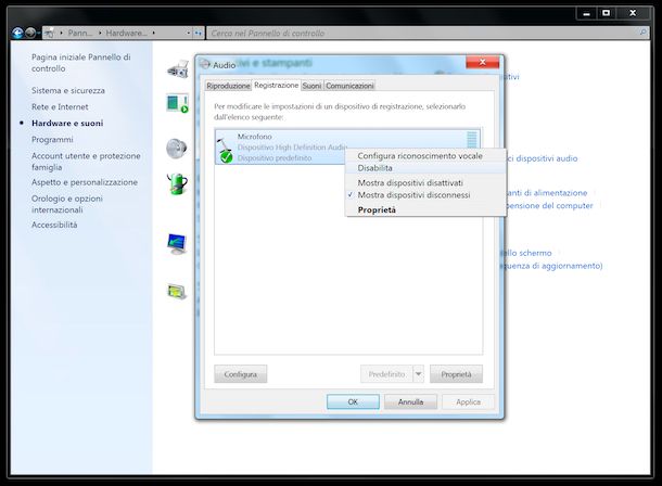 Impostazioni microfono Windows 7