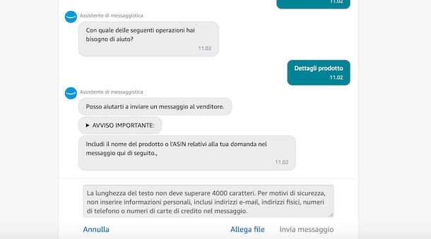 Inviare un messaggio su Amazon a venditore