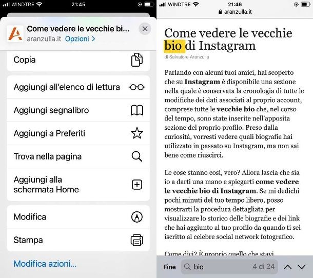 Cercare una parola su Safari con iPhone