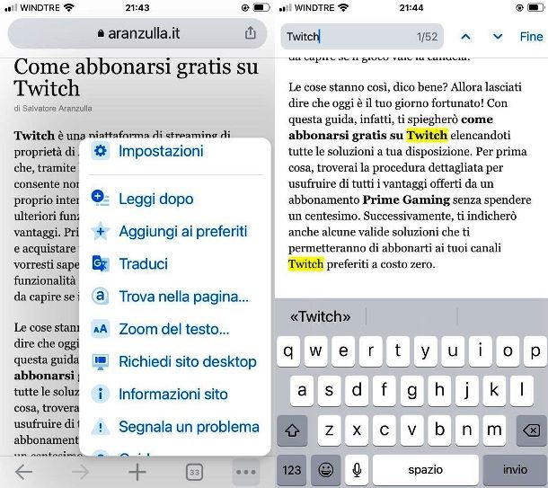 Cercare una parola con Chrome su iPhone