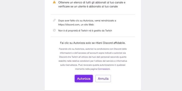 Autorizzare collegamento Discord e Twitch