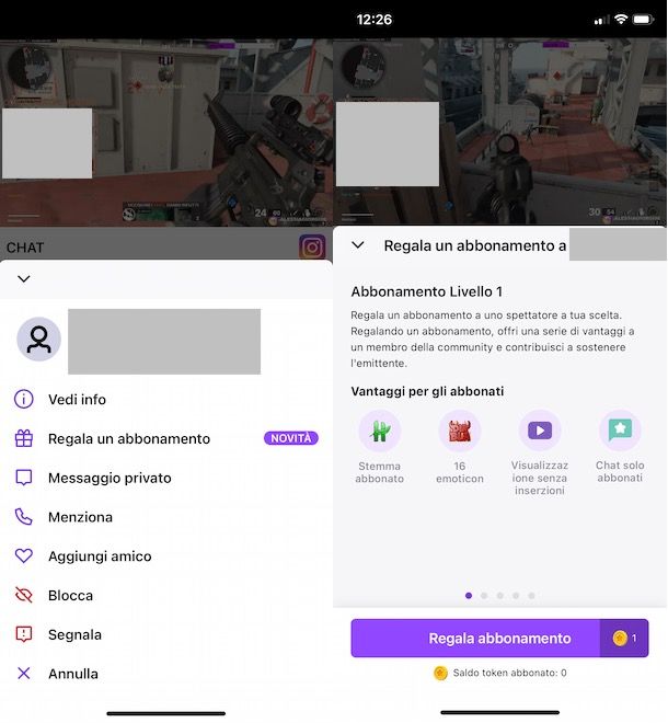 Regalare abbonamento Twitch da app