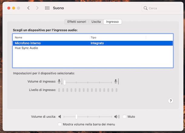 Impostazioni microfono macOS