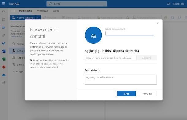 Creare lista di distribuzione Outlook Web