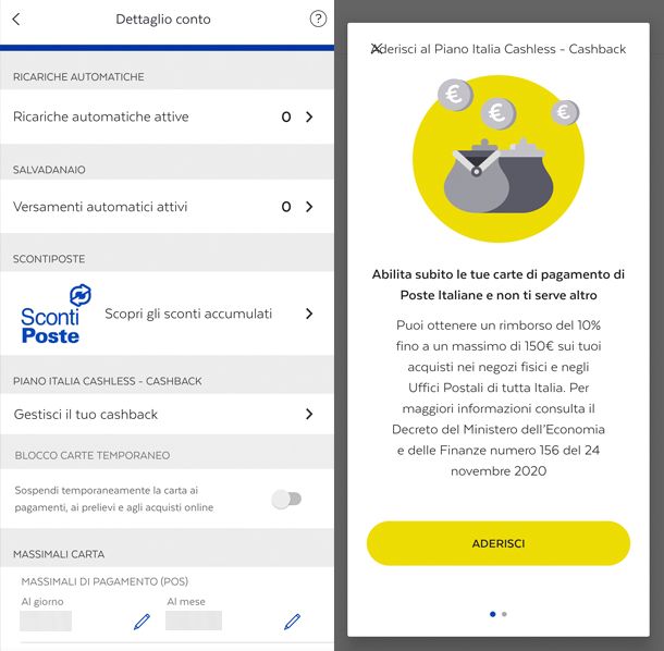 Come attivare app BancoPosta funzione gestione del Cashback