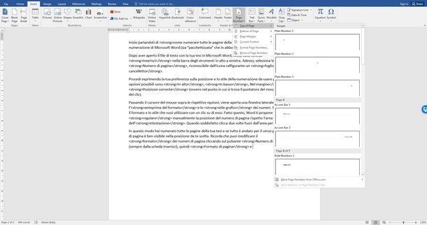 Scegliere la numerazione delle pagine con Word