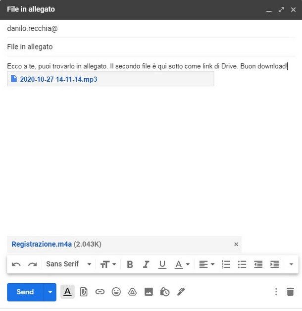 Caricare un link Drive per un file pesante su Gmail prima dell'invio del messaggio