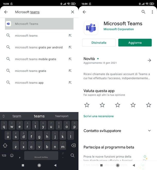 Aggiornare Teams su Android