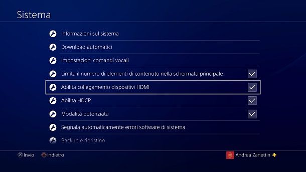 Abilita collegamento dispositivi HDMI PS4