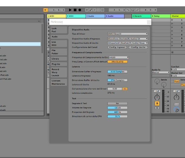 Impostazioni audio Ableton Live