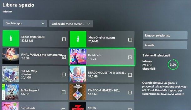 come disinstallare gioco XBOX