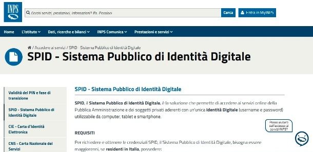 Pagina Web dello SPID INPS