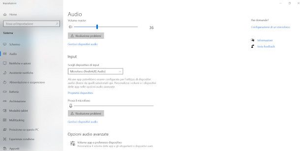 Impostazioni audio Windows