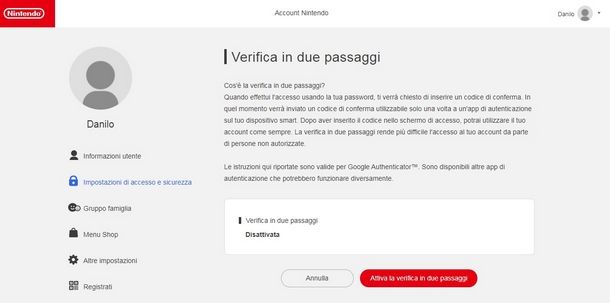 Procedura di attivazione del 2FA per account Nintendo