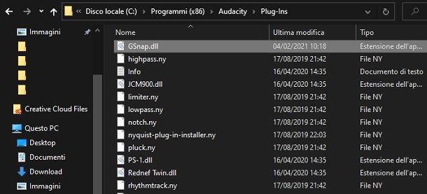 Cartella plugin Audacity