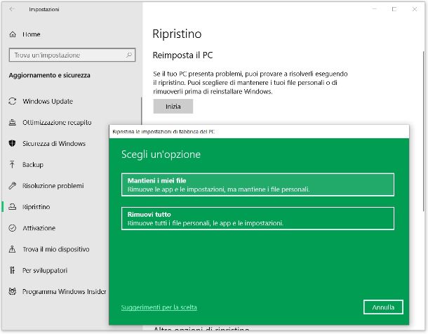 ripristinare Windows 10