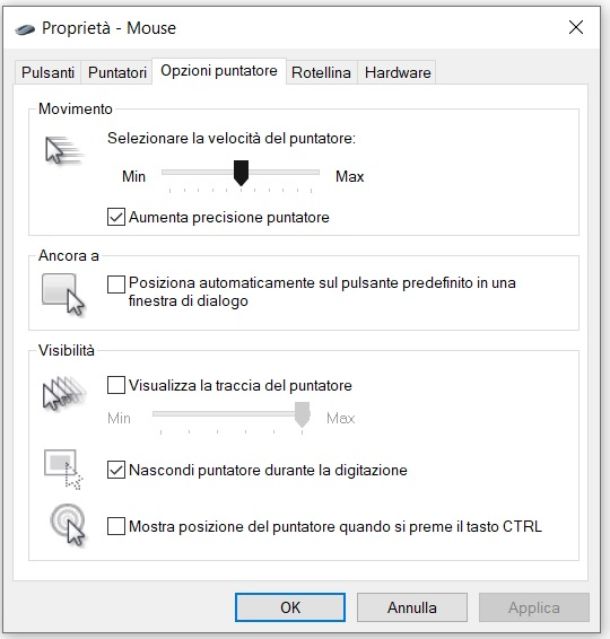 Velocità puntatore mouse Windows