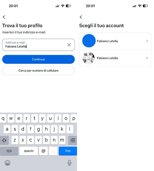 Recupero account Facebook con nome e cognome